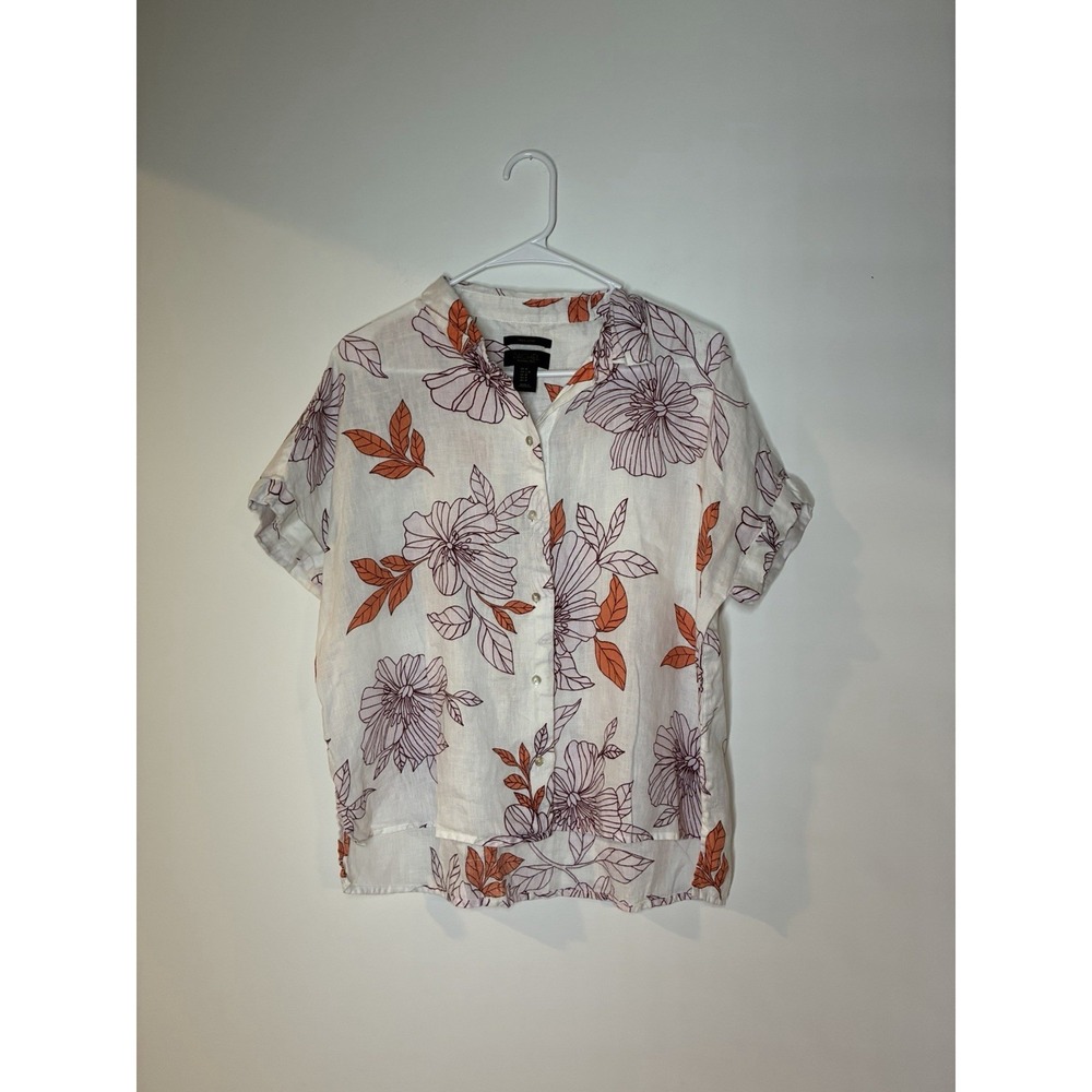 Rachel Roy Womens Button Down M 100% Linen Tan All Over Floral Print Resort Flow
